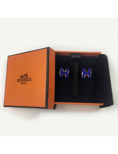 Boucles d'oreille clous HERMES Pop H en laque bleue et plaqué or rose