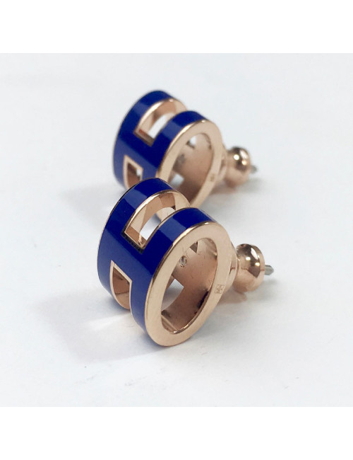 Boucles d'oreille clous HERMES Pop H en laque bleue et plaqué or rose