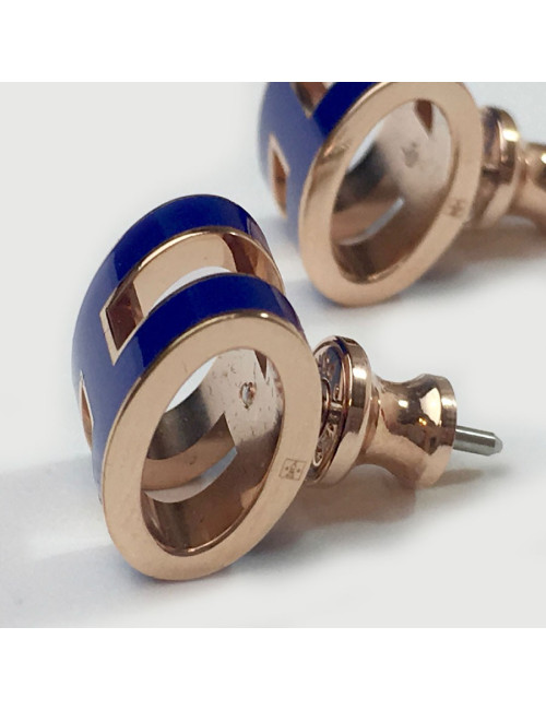 Boucles d'oreille clous HERMES Pop H en laque bleue et plaqué or rose