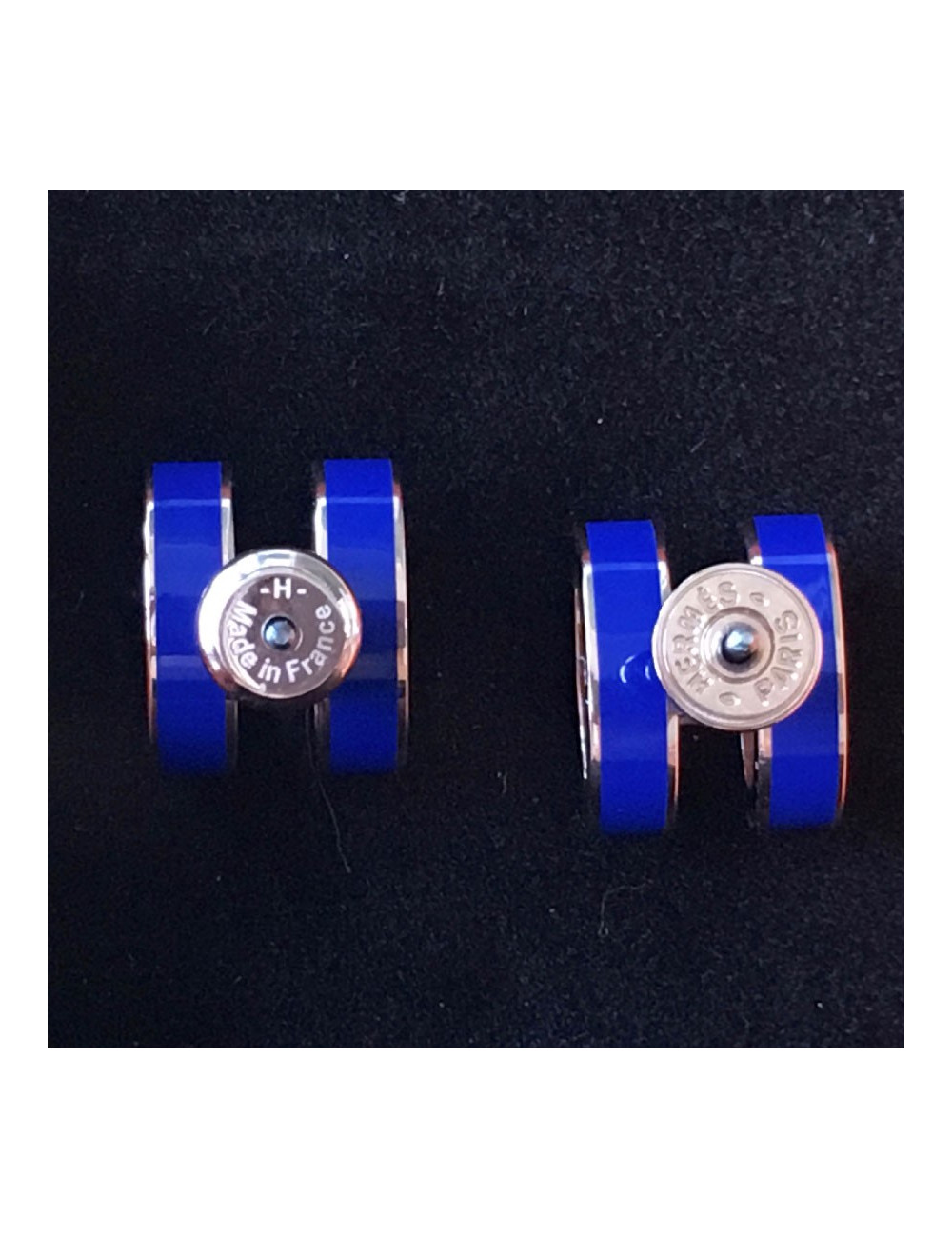 Boucles d'oreille clous HERMES Pop H en laque bleue et plaqué or rose