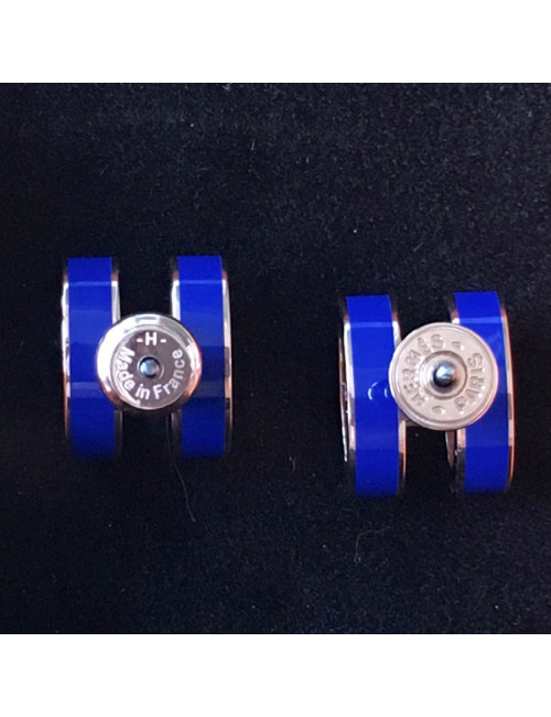 Boucles d'oreille clous HERMES Pop H en laque bleue et plaqué or rose