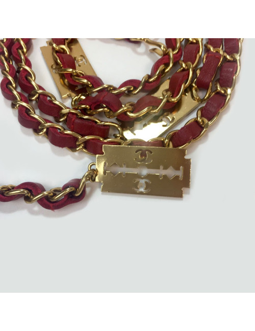 CHANEL vintage belt chain and razor blades in gilt metal and red leather