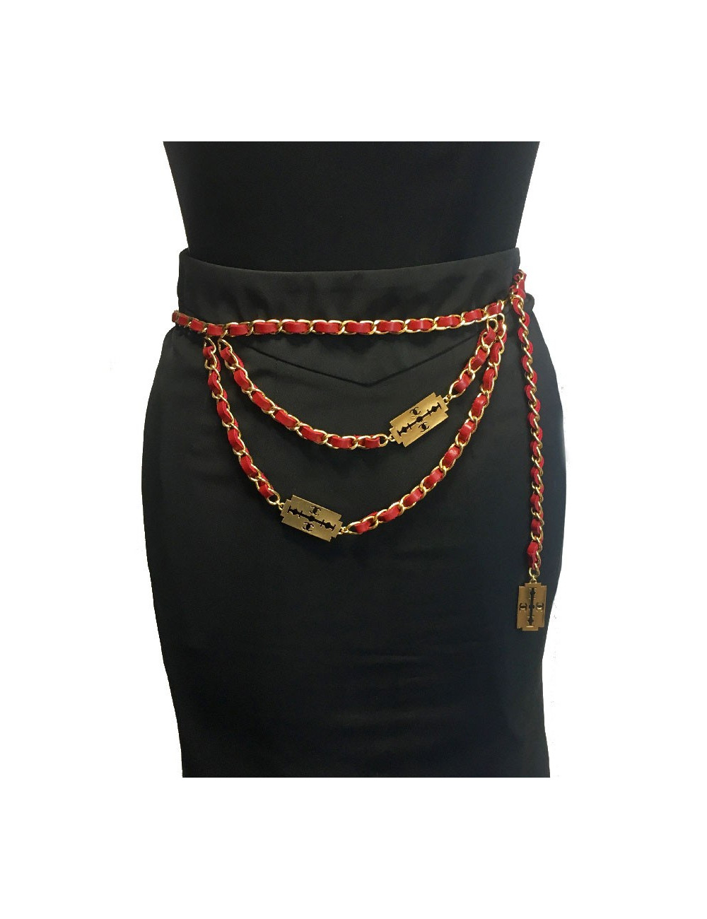 CHANEL vintage belt chain and razor blades in gilt metal and red leather