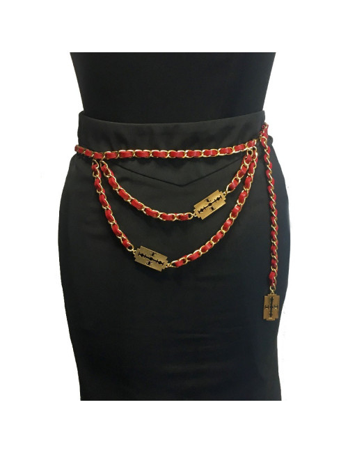 CHANEL vintage belt chain and razor blades in gilt metal and red leather