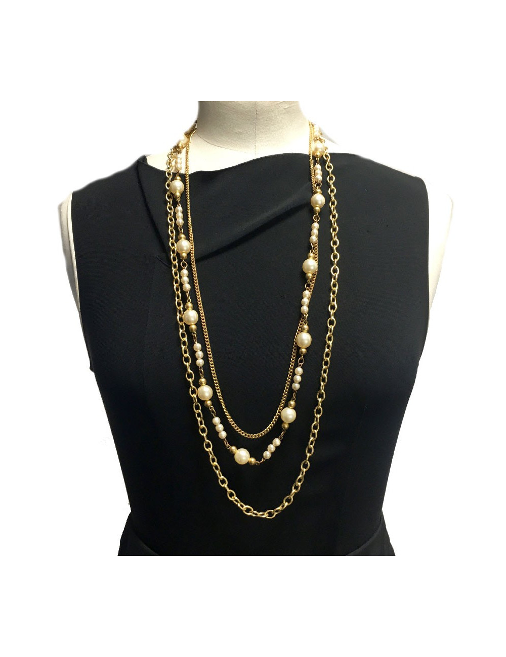 Collier YVES SAINT LAURENT vintage multi rangs de chaines dorées et perles