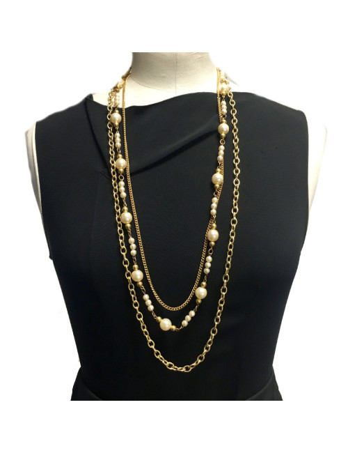 Collier YVES SAINT LAURENT vintage multi rangs de chaines dorées et perles