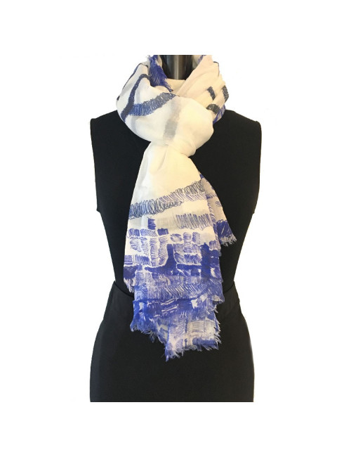 CHANEL shawl in blue and ecru modal and silk