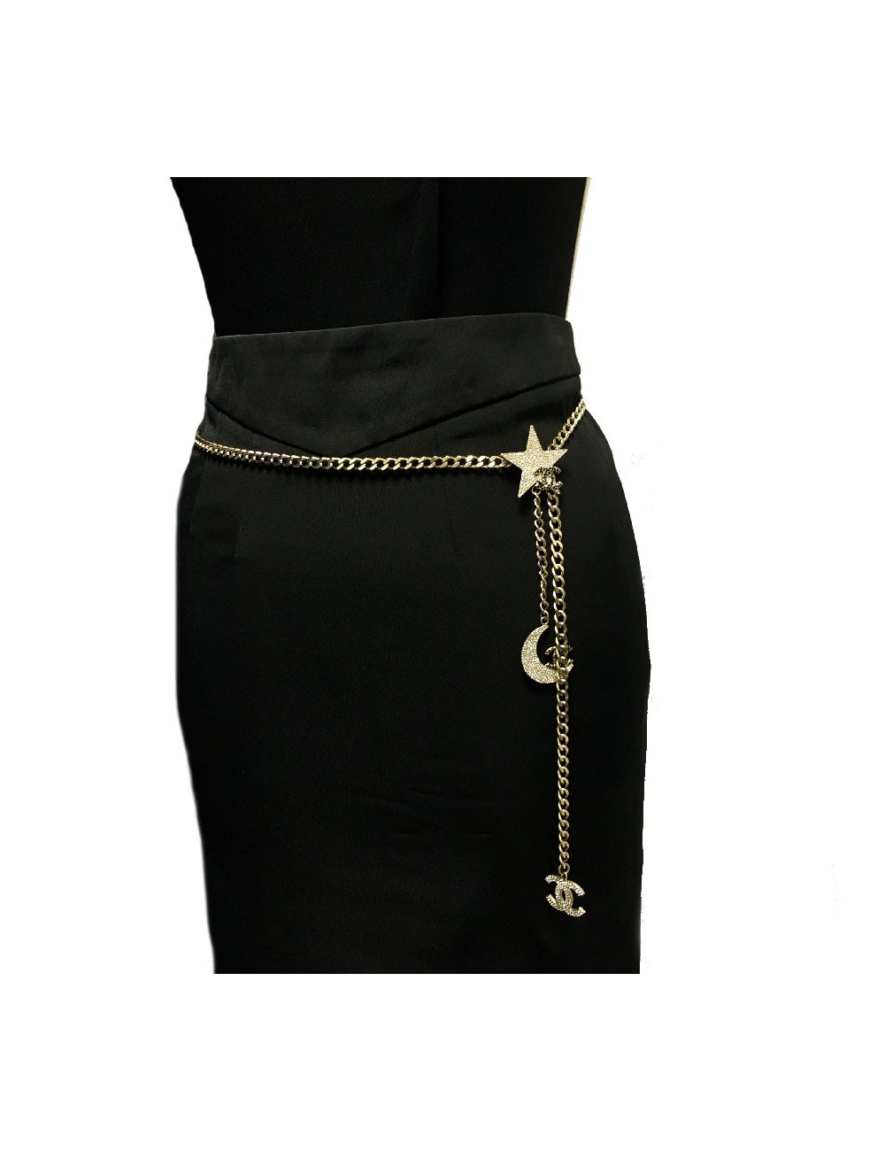 CHANEL chain belt in pale gold metal, moon, star and CC charms