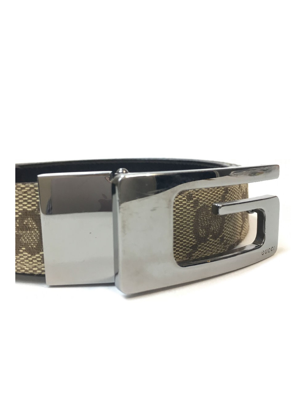 Ceinture GUCCI T 80 en toile monogram beige et cuir marron