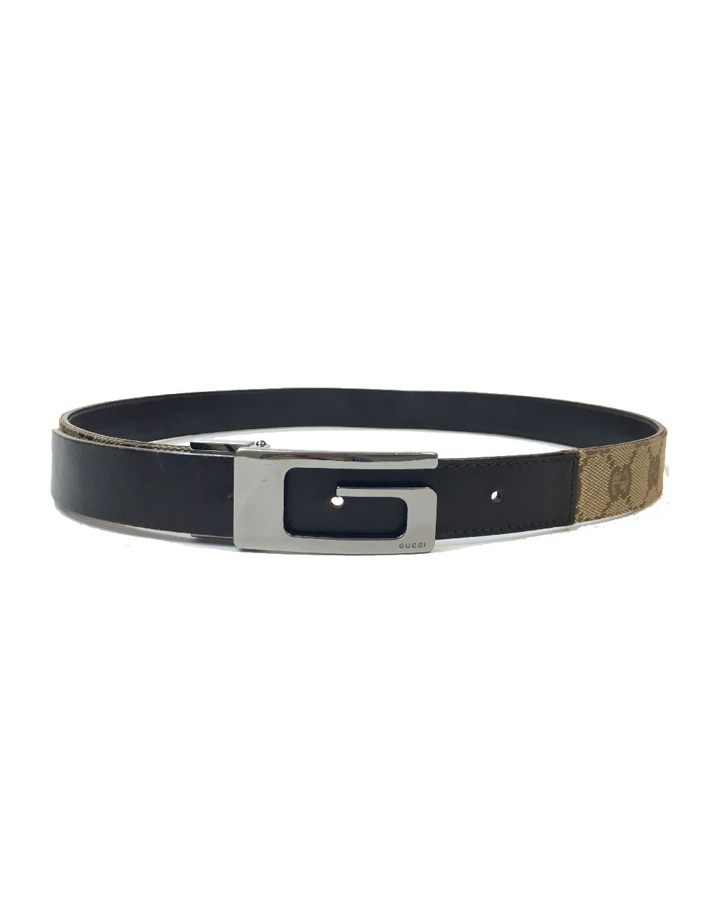 Ceinture GUCCI T 80 en toile monogram beige et cuir marron