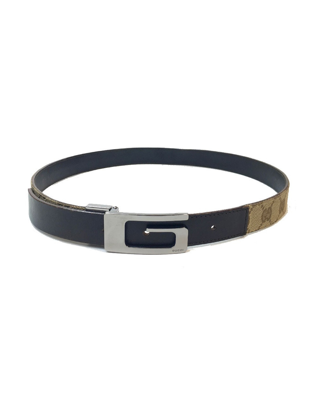 Ceinture GUCCI T 80 en toile monogram beige et cuir marron