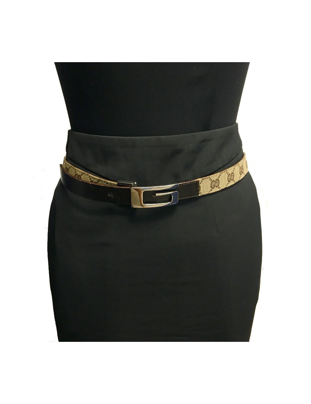 Ceinture GUCCI T 80 en toile monogram beige et cuir marron