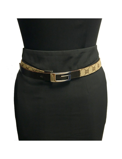 Ceinture GUCCI T 80 en toile monogram beige et cuir marron