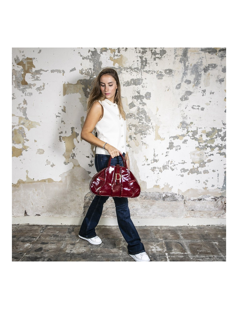 Sac DIOR saddle cuir verni rouge monogrammé