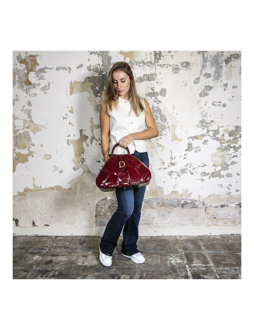 Sac DIOR saddle cuir verni rouge monogrammé