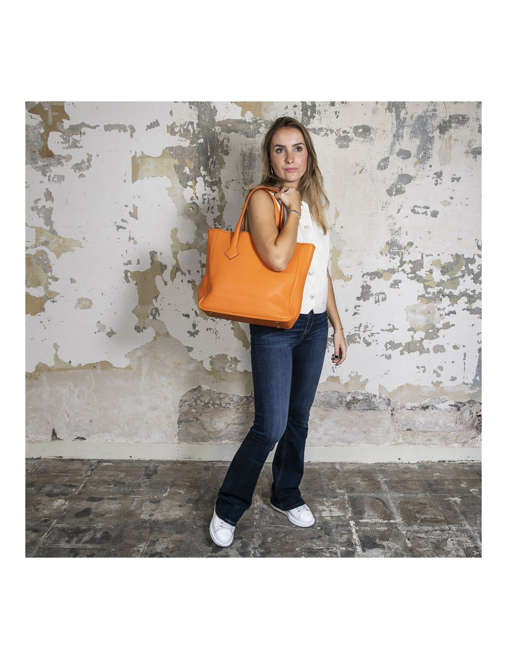 Sac HERMES cuir taurillon clémence orange