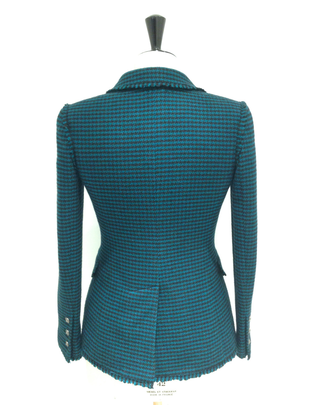 Veste CHANEL en tweed pied de poule bleu canard et noir T36