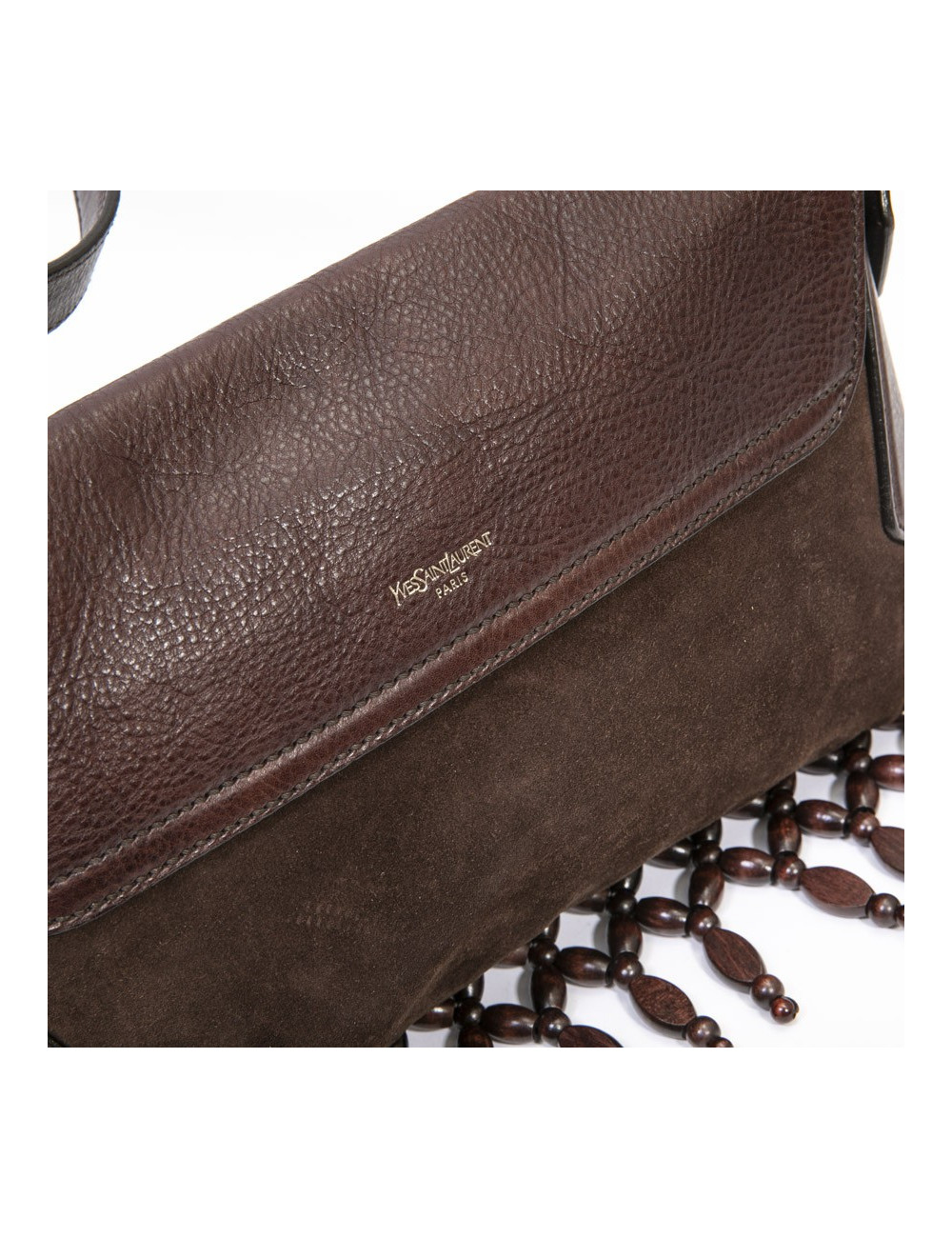 YSL SAINT LAURENT vintage bag in brown leather, velvelt calfskin and beads