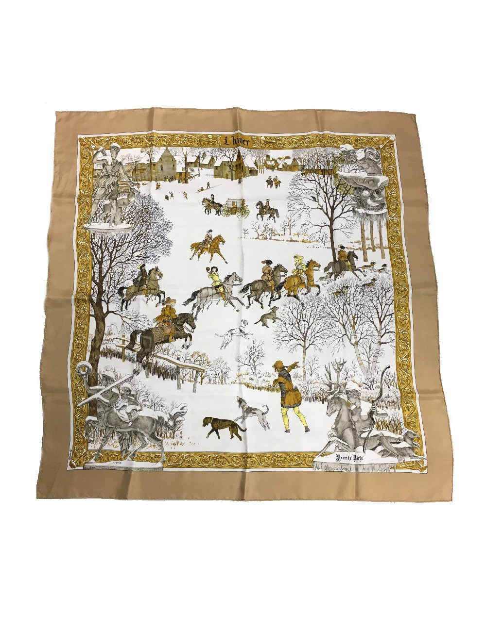 Carré HERMES L'hiver en soie beige