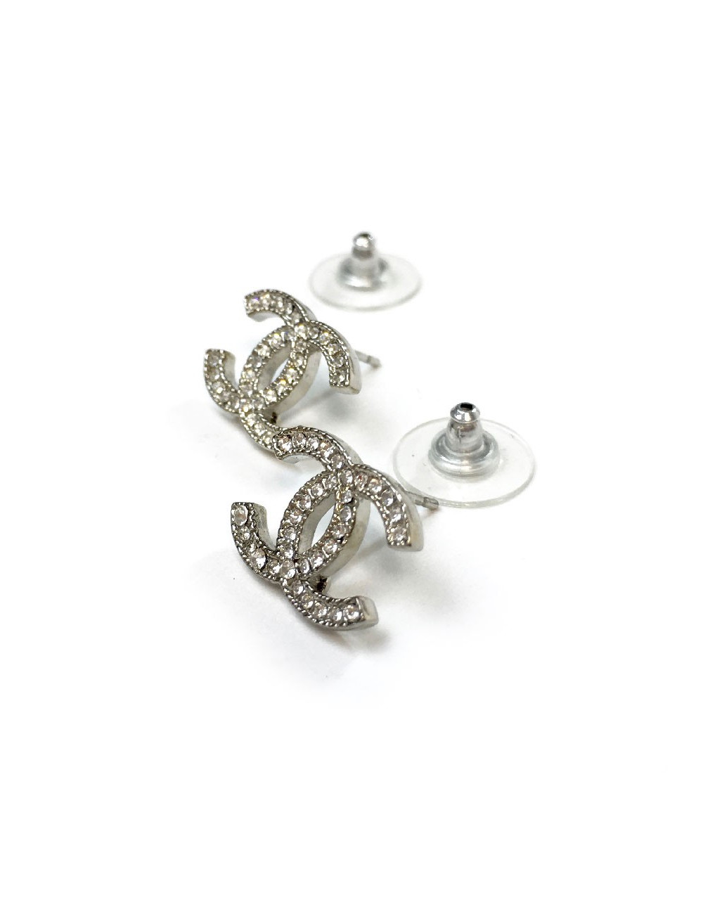 Boucles d'oreilles Clous CHANEL strass et métal argenté