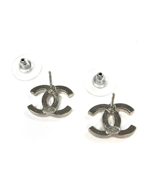Boucles d'oreilles Clous CHANEL strass et métal argenté