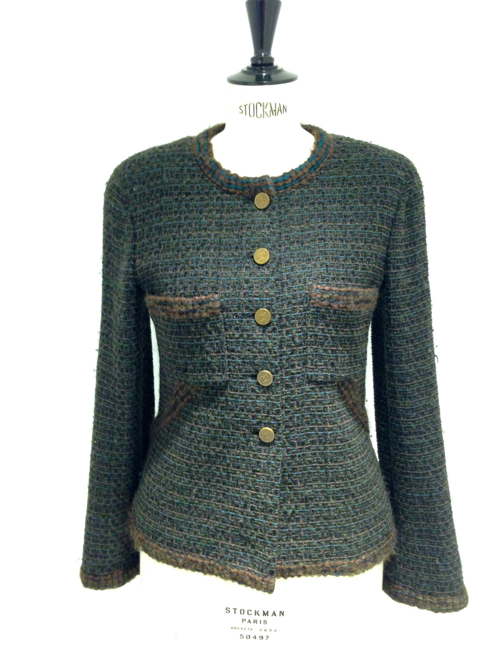 Veste CHANEL en tweed vert foncé et ornements bronze T 40