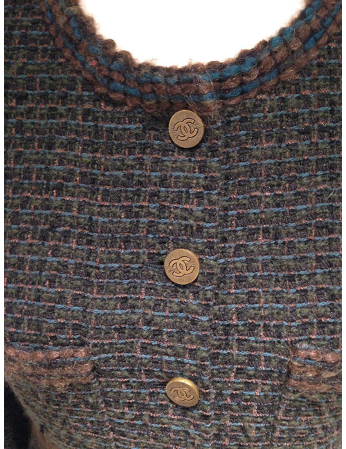 Veste CHANEL en tweed vert foncé et ornements bronze T 40