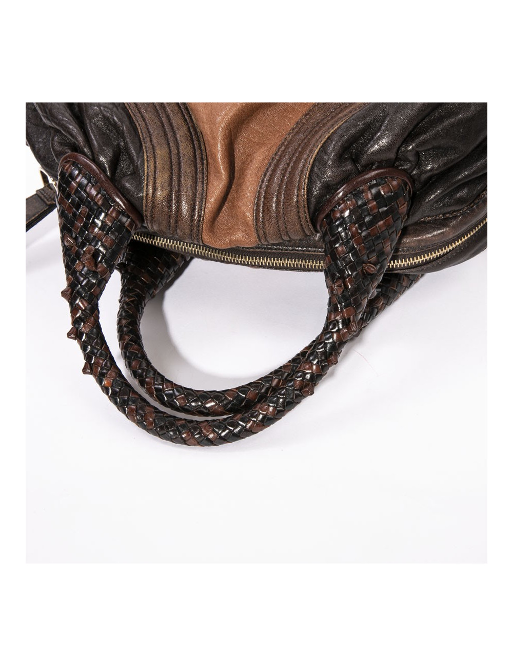 Sac FENDI spy mini cuir grainé marron foncé et camel