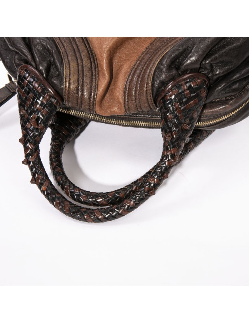 Sac FENDI spy mini cuir grainé marron foncé et camel