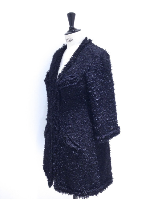 Veste CHANEL mi-longue en tweed noir irisé T 34