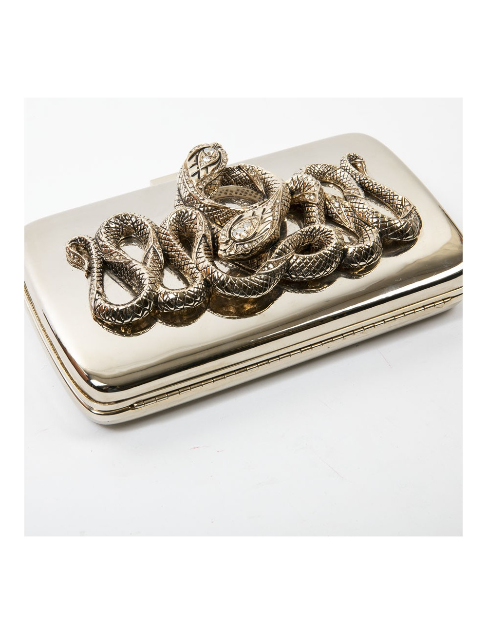 ROBERTO CAVALLI Minaudière in mirror effect gilt metal and snake ornament