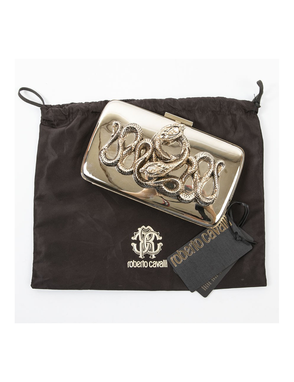 ROBERTO CAVALLI Minaudière in mirror effect gilt metal and snake ornament