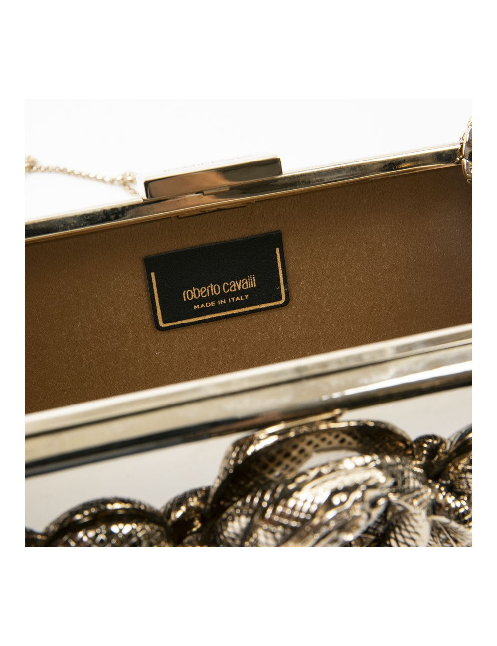 Minaudière ROBERTO CAVALLI en métal doré et serpent bijou