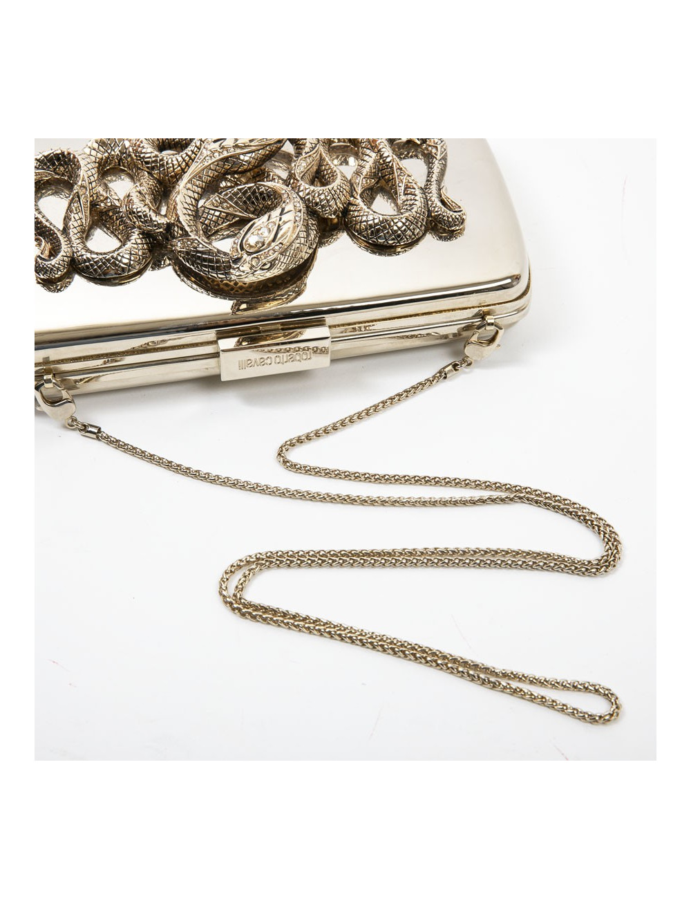 Minaudière ROBERTO CAVALLI en métal doré et serpent bijou