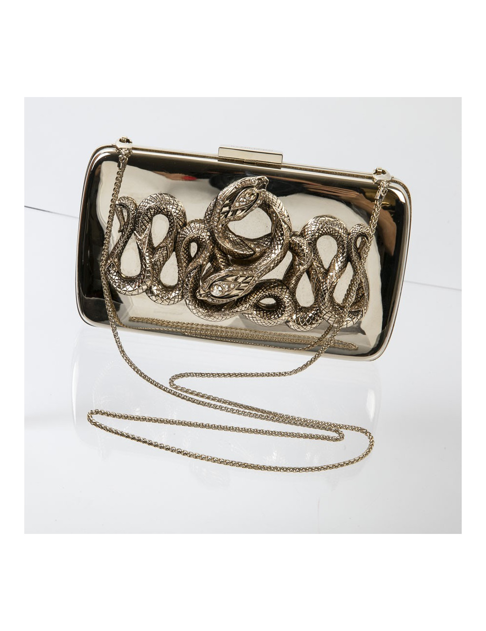 ROBERTO CAVALLI Minaudière in mirror effect gilt metal and snake ornament