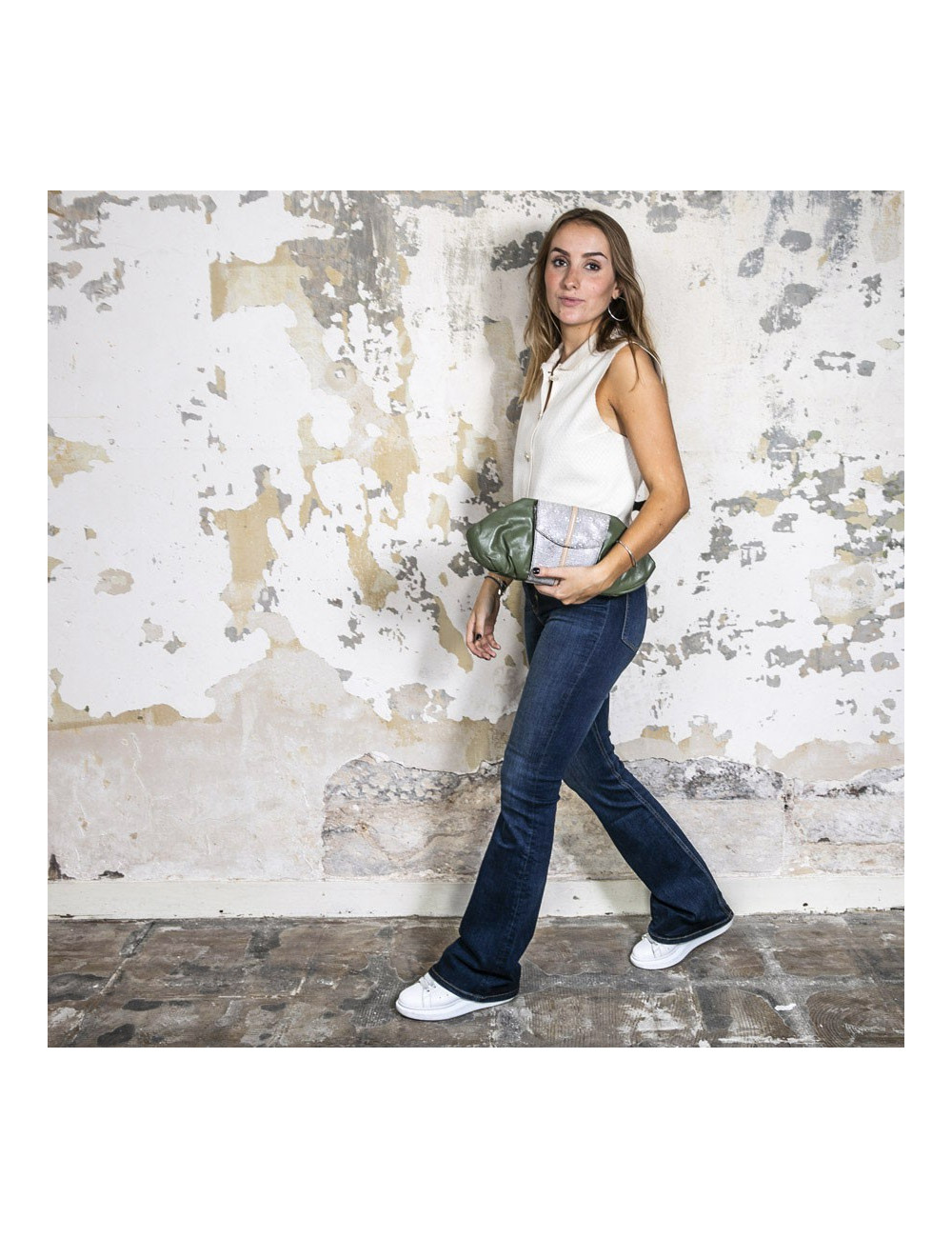 Pochette en cuir vert et lezard 