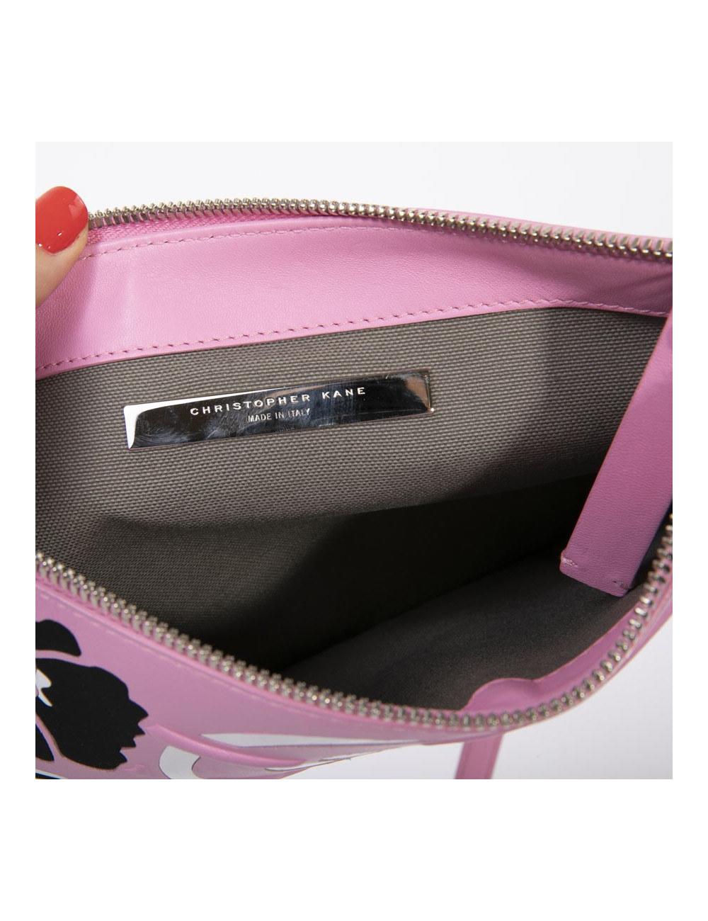 Sac CHRISTOPHER KANE cuir rose et incrustations noires et argent