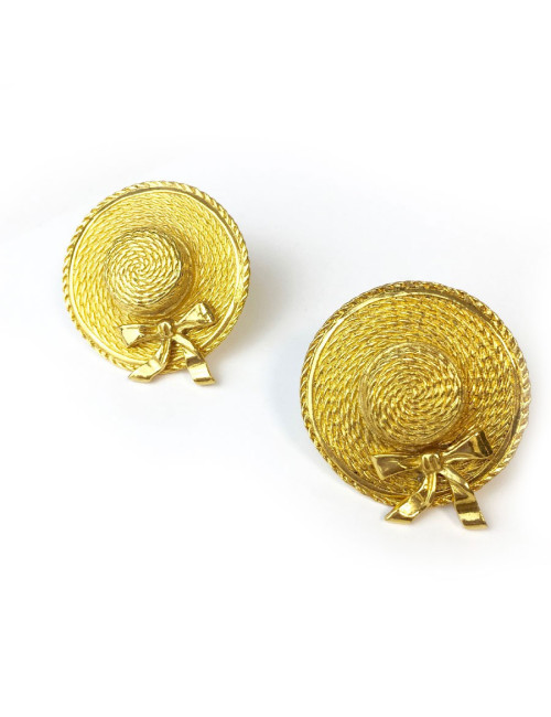 Boucles d'oreille clips CHANEL chapeau vintage doré