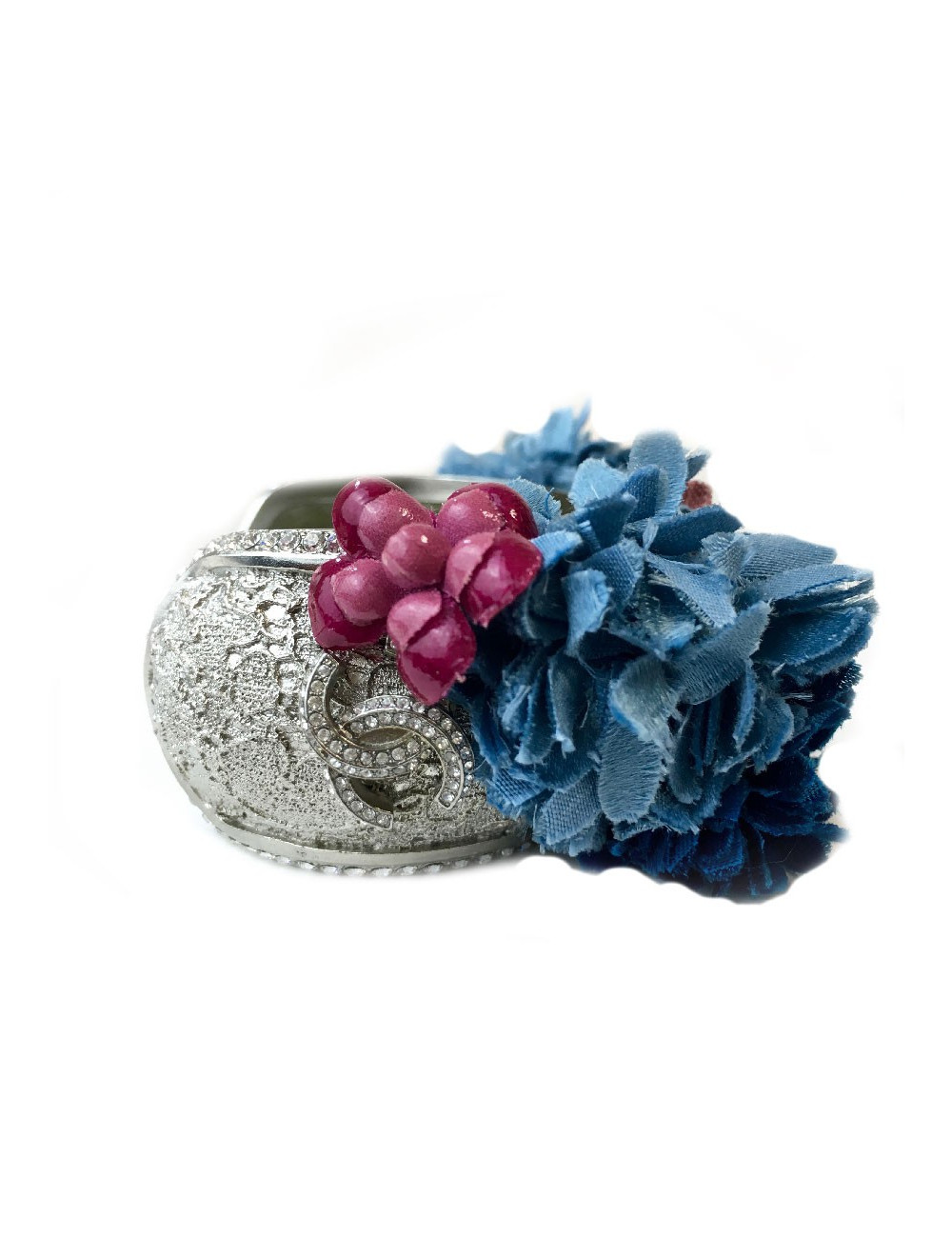 Bracelet CHANEL couture en métal argenté