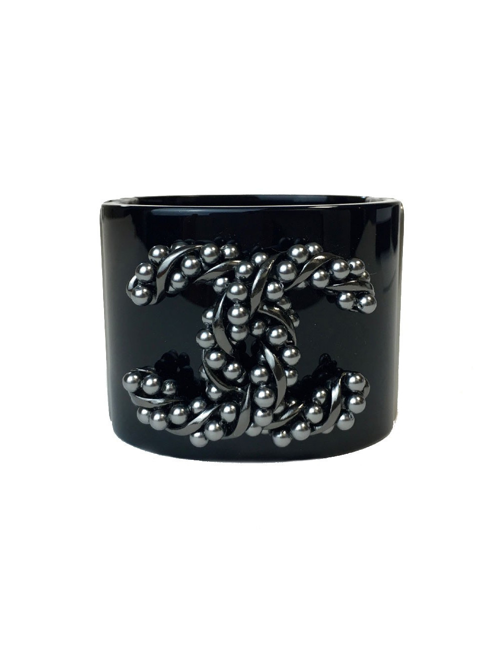 CHANEL cuff bracelet in black plexi and CC in gunmetal color
