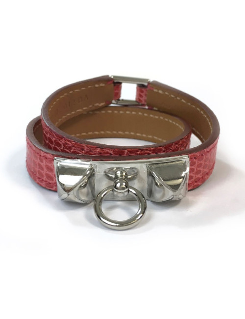 Bracelet Rivale double HERMES XS cuir lézard bougainvilliers