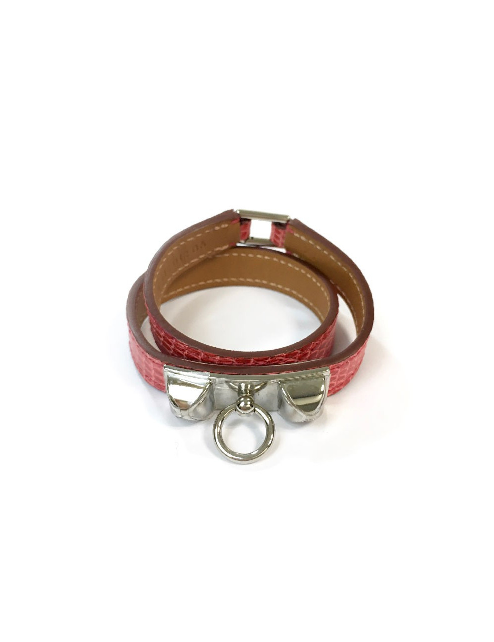 Bracelet Rivale double HERMES XS cuir lézard bougainvilliers