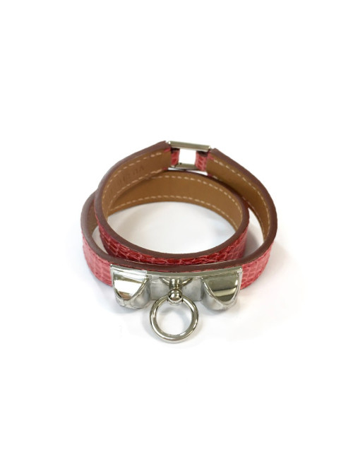 Bracelet Rivale double HERMES XS cuir lézard bougainvilliers