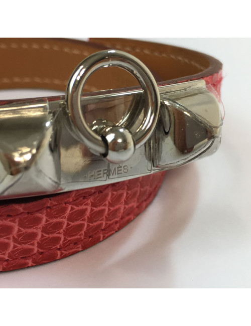 Bracelet Rivale double HERMES XS cuir lézard bougainvilliers