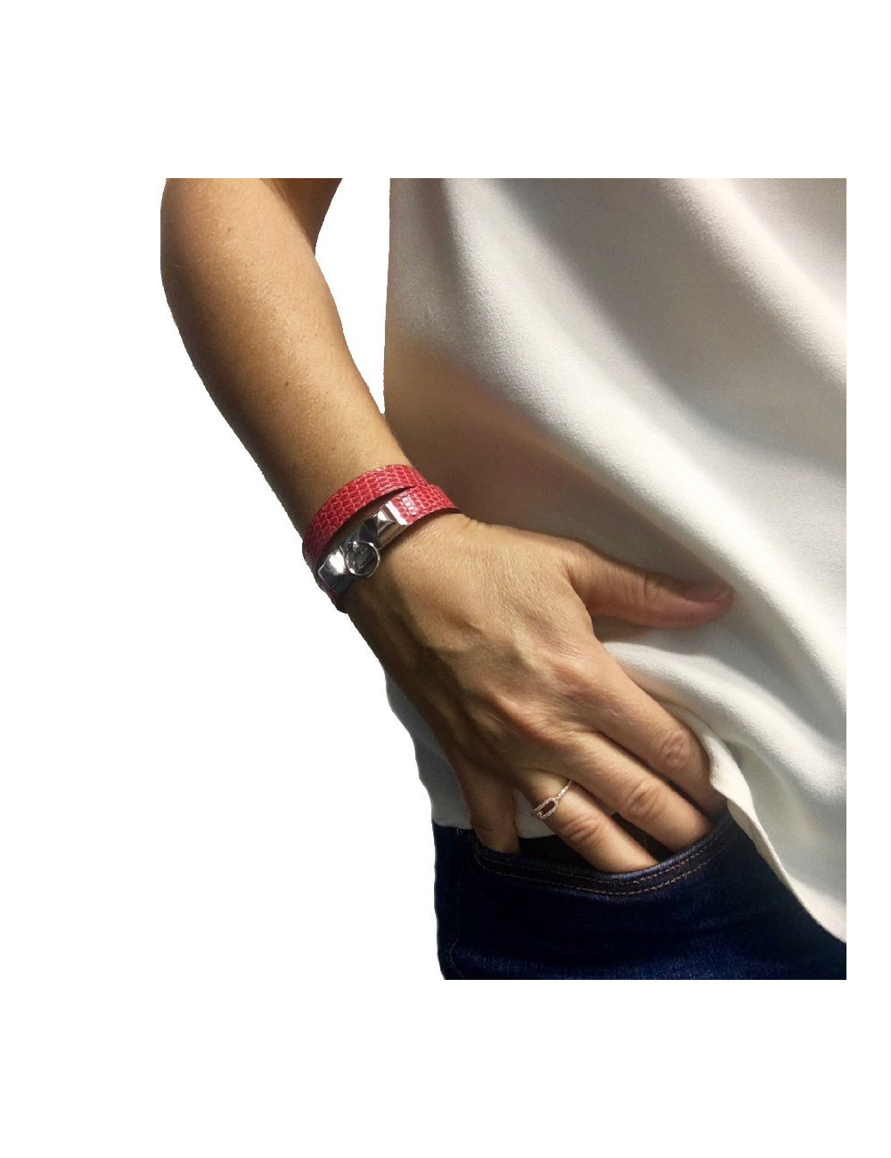 Bracelet Rivale double  HERMES cuir lezard bougainvilliers