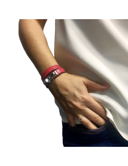 Bracelet Rivale double  HERMES cuir lezard bougainvilliers