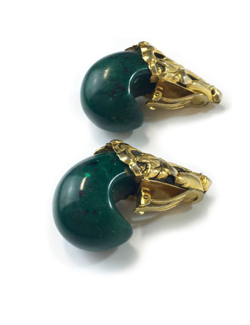 Boucles d'oreille clips ISABEL CANOVAS dorées et vert malachite