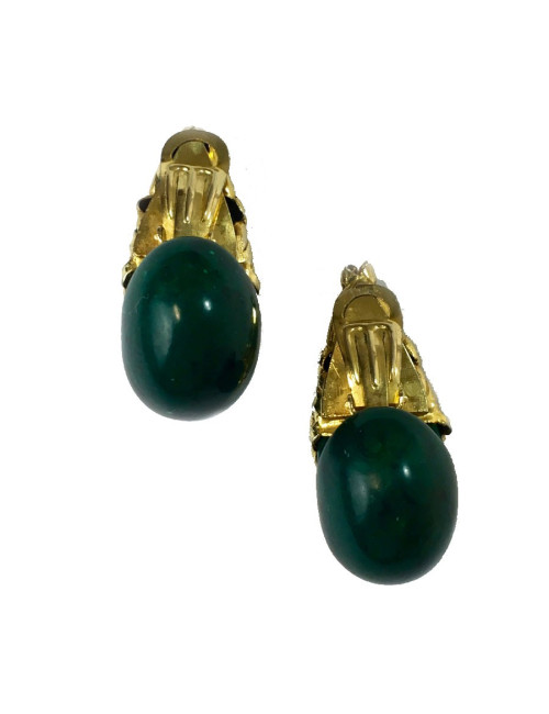 Boucles d'oreille clips ISABEL CANOVAS dorées et vert malachite