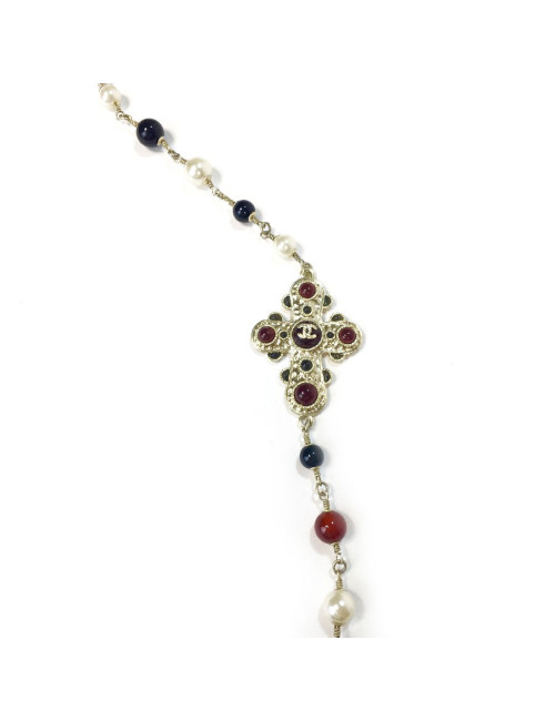 Sautoir CHANEL doré et perles multicolores