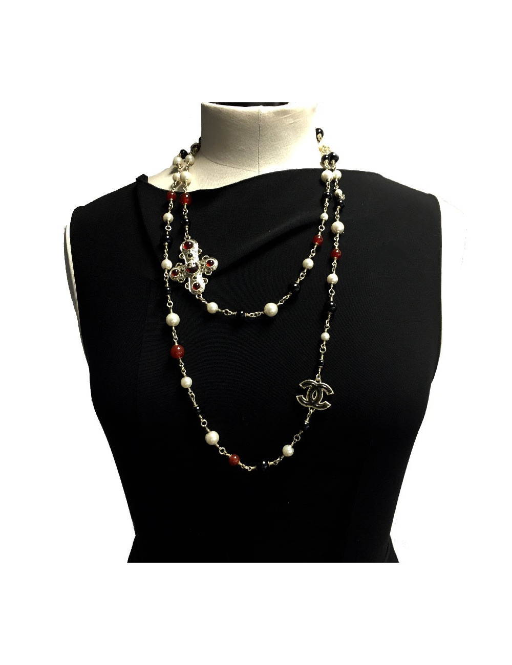 Sautoir CHANEL doré et perles multicolores